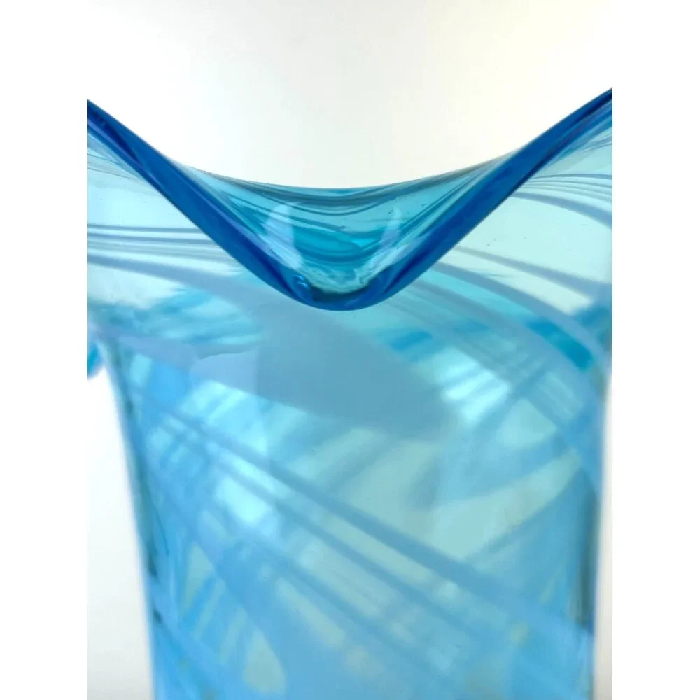 Blown Glass Art Fluted Aqua Blue & White Swirled Vase Home Decor 11.25